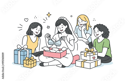 Image Generation. Gift opening moment. The bride-to-be opens presents while friends watch with smiles. Calm excitement and shared happiness. Minimalist flat