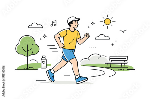 Outdoor exercise for wellness. A person walks or jogs in a park, enjoying fresh air and natural movement. Light energy, health, and positive