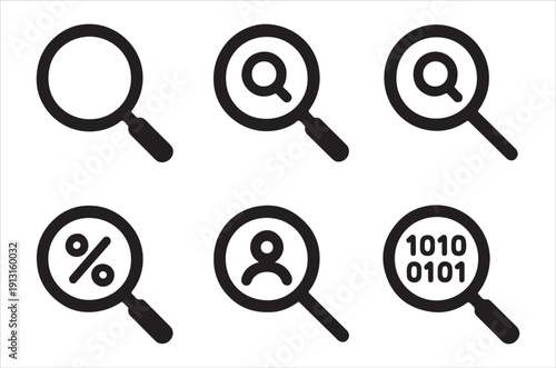 Black and white magnifying glass icons with various internal symbols