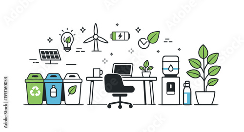 Eco-friendly office. A modern workspace with recycling bins, potted plants, and energy-saving icons subtly integrated. The mood feels