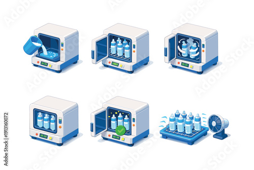 Sterilization process. Isometric flat vector icons set of sterilization process: filling sterilizer with water, loading bottles upright,