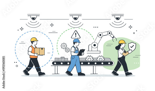 Factory Motion Sensors. Motion sensors in factory. Industrial workers moving along a production line while motion sensors monitor activity and safety zones.