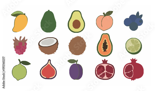 Cute flat doodle fruit icons vector collection with organic shapes isolated on white background