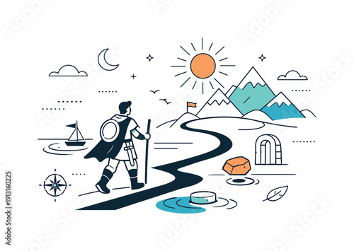 Mythical heroes and journeys. Editorial illustration of a legendary hero walking a symbolic path with mountains and abstract obstacles, calm