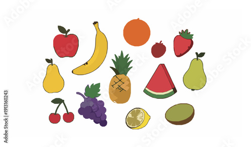 Cartoon doodle fruits vector set with hand drawn organic fruit characters isolated on white background