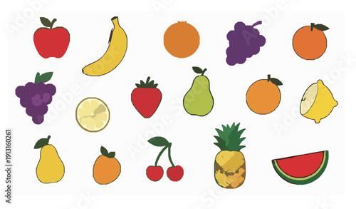 Smiling cartoon fruit doodle vector set with cute organic food characters isolated on white background