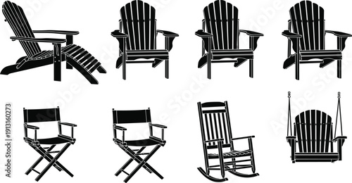 Outdoor chair silhouettes collection featuring Adirondack, director chair, rocking chair, and swing seat vector illustration set isolated design elements