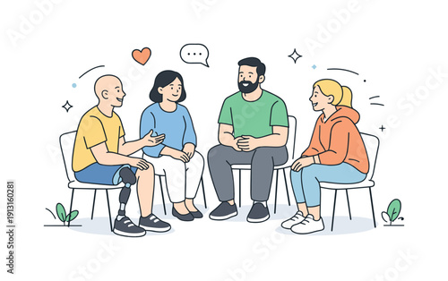 Image Generation. Therapy during rehabilitation. A small group sitting in a circle, sharing and listening with open body language in a peaceful environment.