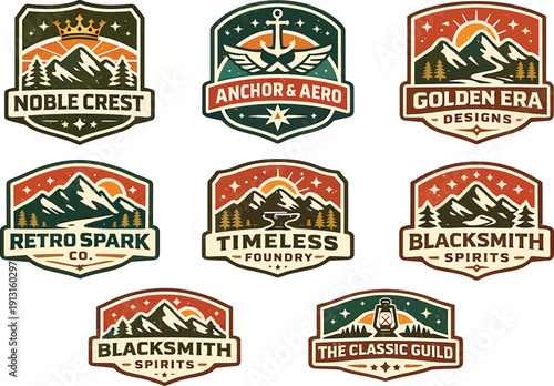 Vintage Mountain Adventure Logo Collection – Outdoor Badge & Retro Nature Vector Set
