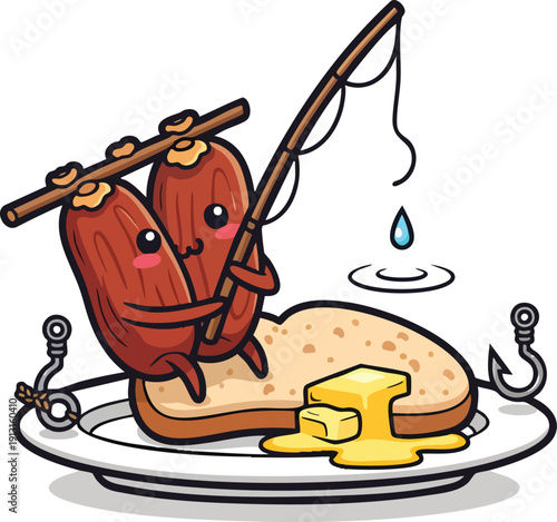 Two sausages fishing on a buttered toast plate with melting cheese