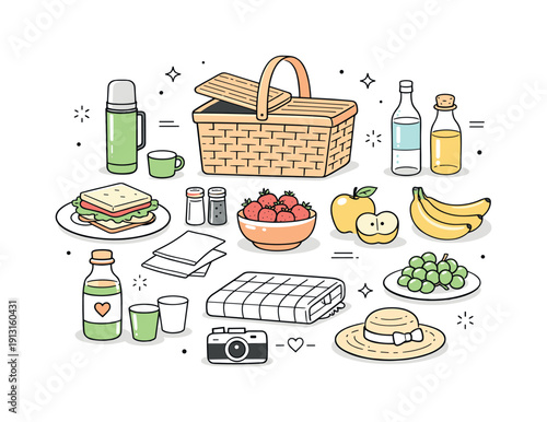 Spring picnic essentials. Collection of picnic items like basket, thermos, fruits and sandwiches neatly arranged. Clean and organized flat