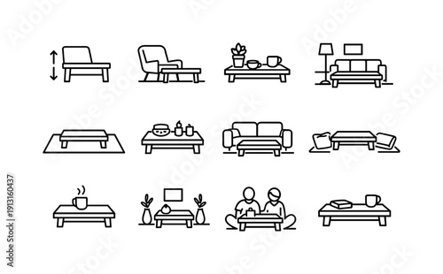 Living Room Low Table. Line icon set of Living Room Low Table: sofa table height, lounge table, coffee table decor, living room setup, rug