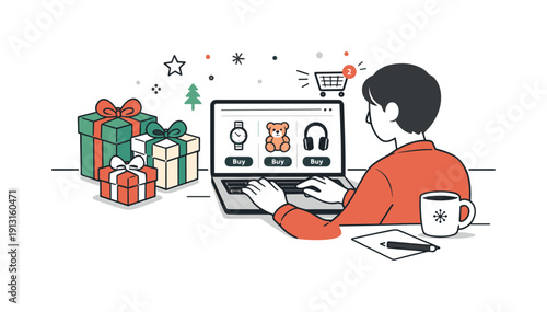 Holiday season shopping. A focused scene showing a person shopping online from home, selecting gifts on a laptop with wrapped boxes nearby.