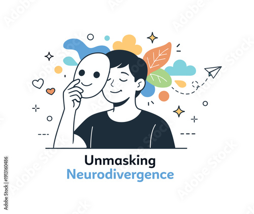Unmasking neurodivergence concept. A calm person slowly lowering a simple mask as colorful abstract shapes begin to emerge, expressing relief