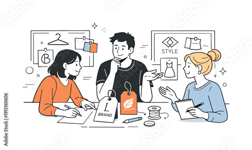 Fashion branding concept. A creative team discussing logo ideas near clothing tags and mood boards, expressing thoughtful design and modern