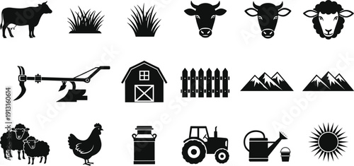 Silhouette farm and agriculture icons set with animals tools barn tractor isolated on white background vector illustration