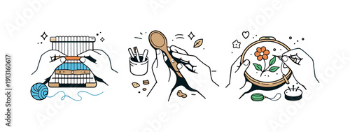 Traditional crafts preservation. Hands weaving, carving, or embroidering with simple tools, showing patience, skill, and generational