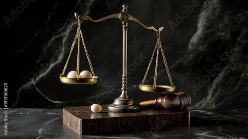 Justice scales with eggs, symbolizing balance, on marble surface. Possible use Stock photo for legal themes, balance concepts