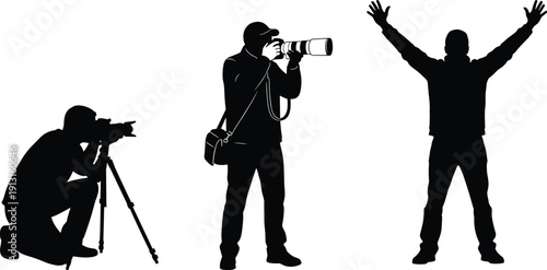Silhouette photographer with camera and telephoto lens taking pictures isolated on white background vector illustration professional photography set