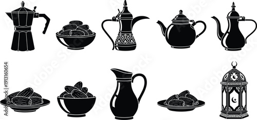 Silhouette set of Arabic coffee pots dates bowls and traditional lantern isolated on white background vector illustration collection
