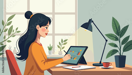 Focused young woman working on digital tablet in vector illustration style in modern home office with copy space
