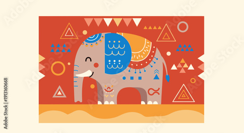 Decorative elephant illustration in flat vector style in bright red and orange colors representing ethnic wall art design
