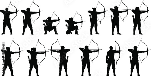 Silhouette set of archers aiming with bow and arrow isolated on white background vector illustration action poses collection
