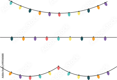 Colorful string lights flat design vector illustration for festive decoration isolated on transparent background