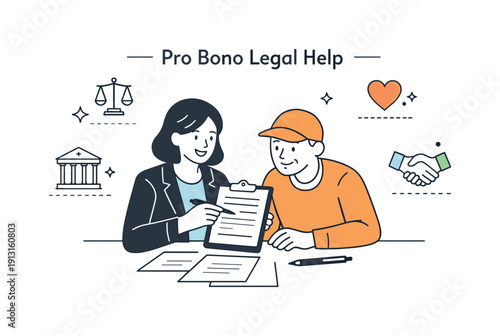 Image Generation. Pro bono legal work. A legal professional offers free assistance to individuals seeking justice, reviewing forms together at a table.