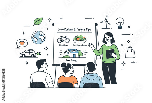Eco-Friendly Workshop. Climate education session. A workshop leader presenting low-carbon lifestyle tips to a small group using charts and visuals. Calm and