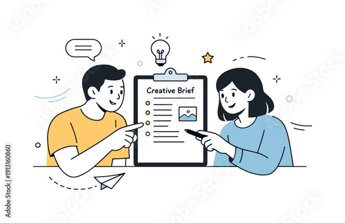 Creative brief for social post. A friendly collaboration scene where two teammates discuss a brief and point at key sections. Calm