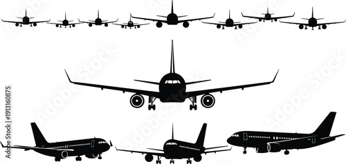 Airplane silhouettes collection featuring commercial passenger aircraft front and side views vector illustration set isolated design elements