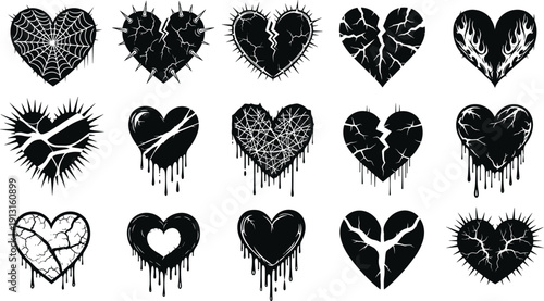 Broken heart silhouette collection with cracks, drips, thorns, flames, and spider web vector illustration set isolated design elements