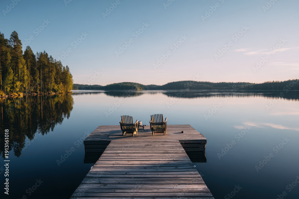Naklejka premium Wooden Dock With Two Chairs Overlooking Calm Water Under Clear Blue Sky