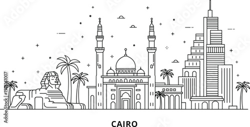 Cairo skyline line art illustration featuring mosque, sphinx, palm trees, and modern buildings Egypt cityscape vector outline design