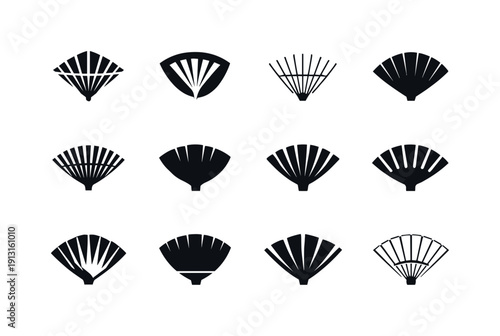 Rake tines. Icon set. Set Logo of rake tines: fan-shaped rake head. harmonious logo variations of the same emblematic concept, each with