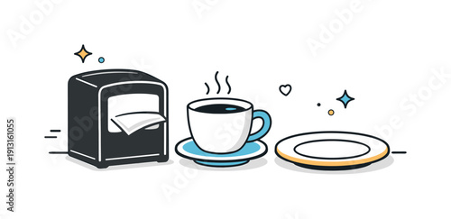 Restaurant table accessory. A napkin dispenser sits next to a cup and plate on a small cafe table. Quiet dining atmosphere with a sense of