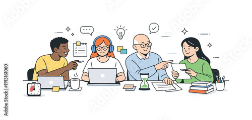 Inclusive collaboration. Diverse employees collaborating at desks with personalized tools like timers, notes, and noise-reducing headphones.