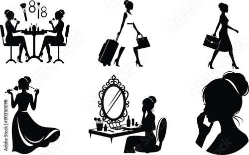Woman beauty and lifestyle silhouettes collection showing makeup, travel, fashion, and vanity mirror activities isolated vector illustration set
