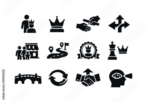 Succession Planning Icons. Heir. Solid icon set of succession planning: future leader, leadership crown, mentorship handoff, succession arrows,