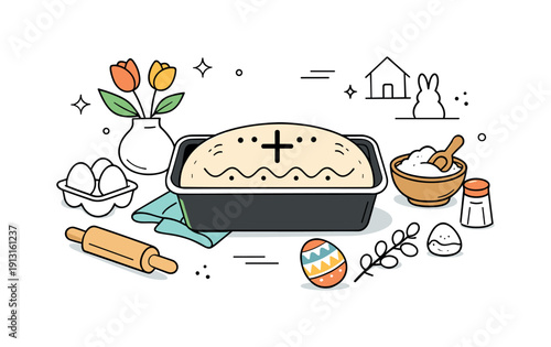 Easter baking moment. Bread dough resting in a baking pan, decorated with simple patterns, calm kitchen atmosphere. Friendly editorial scene
