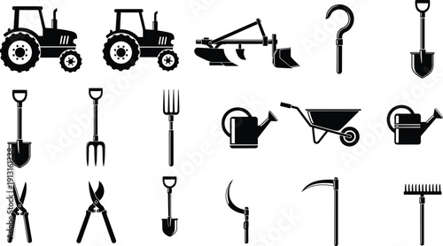 Agriculture farming tools silhouette collection featuring tractor shovel rake watering can wheelbarrow garden equipment vector illustration isolated black set