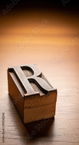 Vintage Wooden Letterpress Block with Carved Capital Letter R on Wooden Table