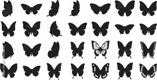 Collection of various butterfly silhouettes in black and white