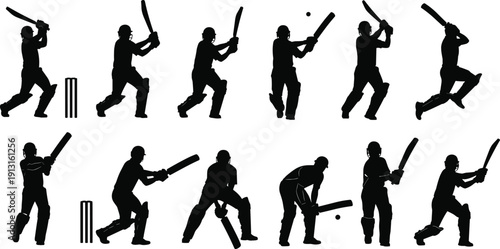 Cricket player batting silhouettes collection featuring batsman action poses, swing shots, and defensive stances vector illustration set