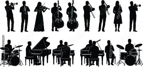 Orchestra musician silhouettes collection featuring trumpet, violin, double bass, trombone, saxophone, piano, and drums vector illustration set