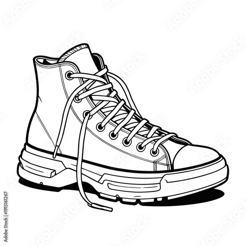 High-top sneaker illustration in hand-drawn vector style in black and white colors representing casual footwear design