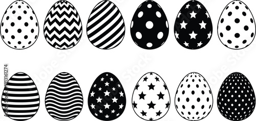 Easter egg silhouettes collection with stripes, dots, stars, and zigzag patterns vector illustration set isolated decorative design elements