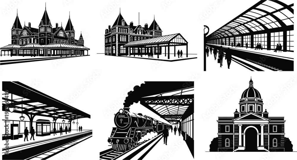 Obraz premium Historic railway station architecture collection featuring classic train terminal buildings and vintage platform scenes vector illustration set
