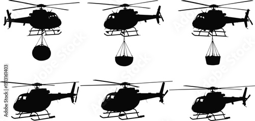 Helicopter cargo transport silhouettes collection showing airlift rescue, firefighting bucket, and sling load operations isolated vector illustration set